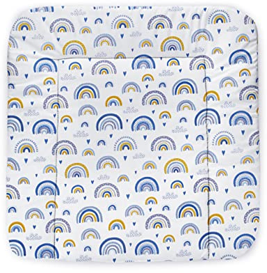 Balbina® Wickelunterlage aus Baumwolle weiche Wickeltischauflage für Wickelkommoden waschbar 70x70 I Regenbogen Blau