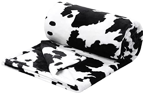 PiccoCasa Kuh-bedruckte Decke, weiche 300 g/m² Fleece-Flanell-Überwurfdecke, leicht, niedlich, bequem, warm, Rindsleder, Decken für Couch, Sofa, Bett, Büro, 150 x 200 cm, Schwarz