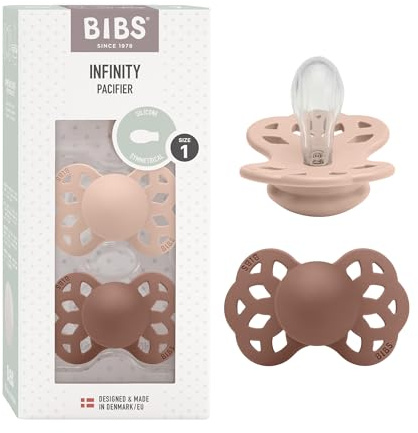 BIBS Infinity Soother 2-Pack, BPA Free, Symmetrical Nipple. Silicone, Made in Denmark, 0-6 Months (Pack of 2), Blush/Woodchuck