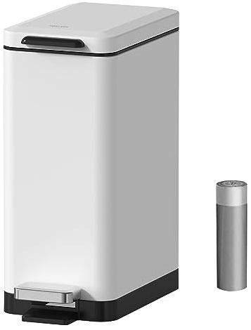 Mbillion Mülleimer Bad 10 Liter Slim Design Treteimer mit starkem Pedal, Edelstahl Rechteckiger Mülleimer Weiß | Rechteckiger Abfalleimer mit Deckel und Trittpedal, Edelstahl, schmale Passform, für Badezimmer, WC, Schlafzimmer und Büro