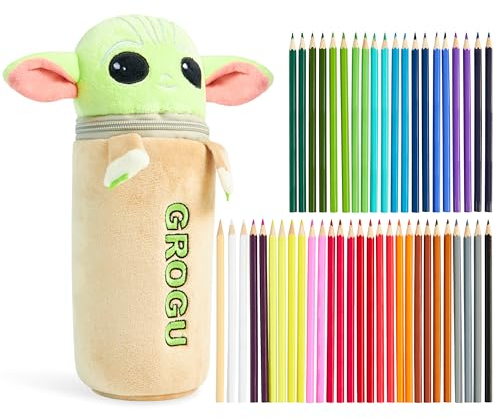 Disney Stitch Buntstifte Kinder mit Federmäppchen Gefüllt 48 Buntstiften Plüsch Mäppchen Schule Zubehör Einschulung Baby Yoda Geschenk für Kinder (Mehrfarbig Baby Yoda)
