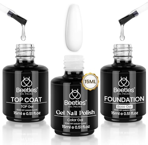 Beetles - Juego de 3 esmaltes de uñas de gel de 15 ml, sin limpiar, capa superior y base de gel blanco, brillante y duradero, acabado brillante, base de diseño, kit de manicura