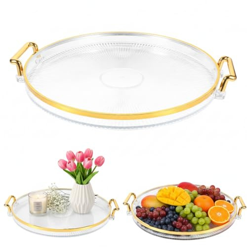 PRETYZOOM Bandeja Decorativa Dorada Redonda Bandeja Dorada de té Decorativa de plástico de té Dorado Transparente de Almacenamiento de Frutas de