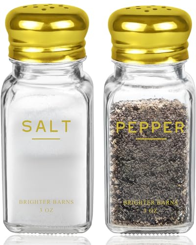 Gold Salt and Pepper Shakers Set by Brighter Barns - Gold Kitchen Decor & Accessories - Neutral Minimal Decor - Modern Glass Shakers with Stainless Steel Lids for Home, Restaurants