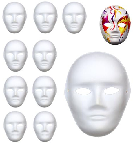 Omevett 10 Pcs White Paper Masks DIY Unpainted Full Face Masquerade Mask Pulp Blank Hand Painted Mask for Carnival Cosplay Halloween Dance Party