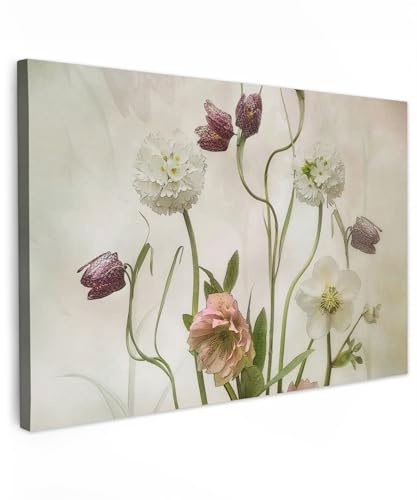 MuchoWow© Leinwandbild Groß XXL Dekoration Wohnzimmer Vintage Bilder | 120x80 cm - Aufhängen Wall Decoration Living Room Wohnungs Deko Moderne Blumen - Frühling - Garten - Trockenblumen
