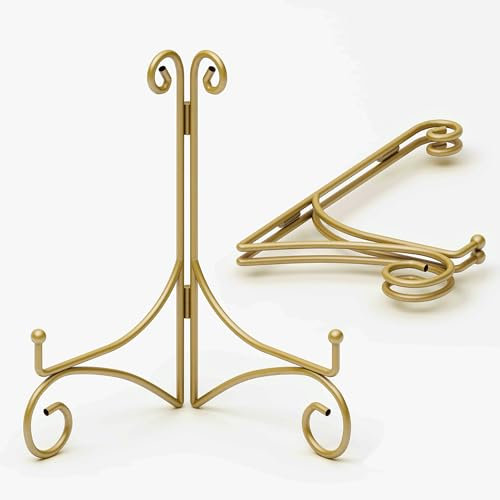HEMYLU 25,4 cm großer Display-Tellerständer mit klappbarem Design, Metall-Tellerhalter für Tische, Bilderstaffelei für Heimdekoration, Fotorahmenständer, 25,4 cm, Gold, 2 Stück