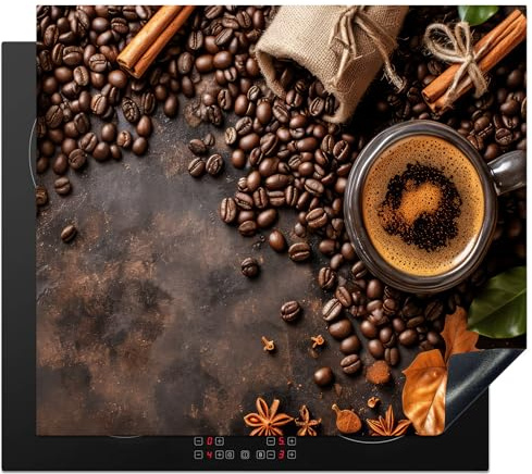 KitchenYeah© Herdabdeckplatte Einteilig Abdeckplatten Cerankochfeld | 60x52 cm - Abdeckung Ceranfeld Herdplattenabdeckung Induktionsmatte Kaffee - Küche - Kaffeebohnen - Blätter