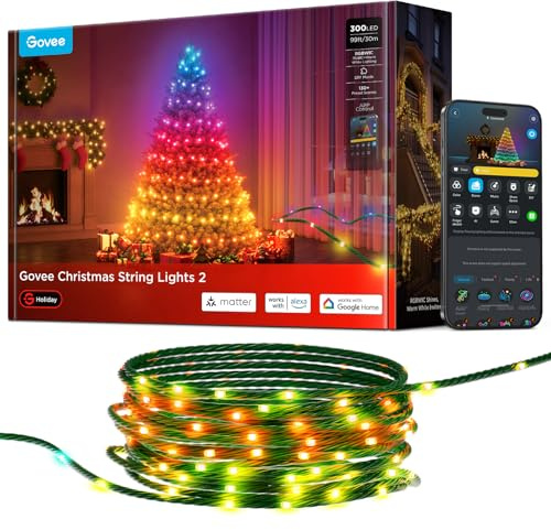 Govee Christmas Lights 2, RGBWIC 99FT 300LEDs Holiday String Lights with Shape Mapping Function, Smart LED Decoration for Indoor Outdoor Tree, 130+ Preset Scenes, Voice and APP Control, Green Wire