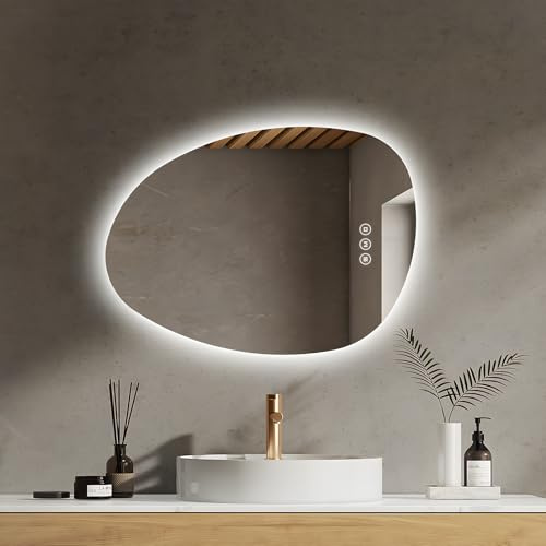 EMKE Badezimmerspiegel mit Beleuchtung Asymmetrischer LED Spiegel 75 x 55 cm Touch-Schalter, 3 Lichtfarben Dimmbar, Beschlagfrei Badspiegel mit Beleuchtung IP44 Energiesparend