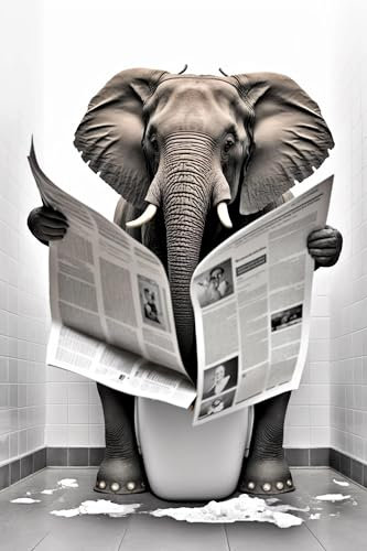 Baibexing Lustiges Badezimmer-Tier, Elefant, Sitzend Auf Der Toilette, Zeitung Lesend, Poster, Druck, Wandkunst, Bild, Leinwandbild, Wanddekoration 50X70Cm Kein Rahmen