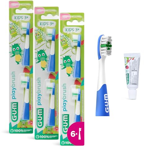 GUM Playbrush KIDS 3+ Bürstenköpfe | Kompatibel mit Playbrush elektrischer Zahnbürste | Extra weich | Extra kleiner Bürstenkopf | 3x2 Bürstenköpfe | 1x GUM KIDS Zahnpasta-Probe | Blau