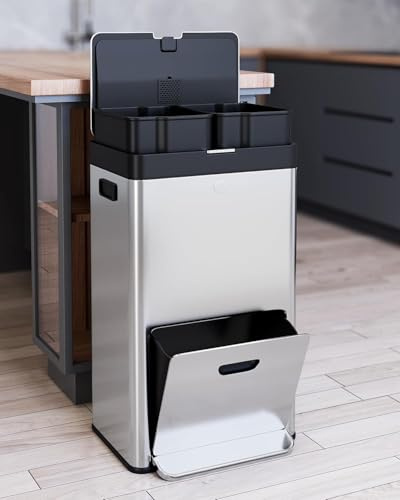 GarveeHome Küchen-Mülleimer, 56 l, 3 Fächer, Tret-Mülleimer mit herausnehmbaren Eimern, Edelstahl-Mülleimer für Küche, Schule, Krankenhaus