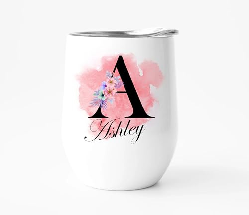 EKAM Personalised Floral Tumbler Stylish Initial with Name - 12oz Stainless Steel Travel Mug, for Wine, Whisky, Coffee, Vodka Tumbler with Lid, Custom Gift for Christmas Day, Birthday, Any Occasion