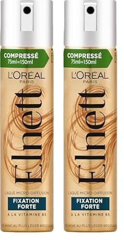 L’ORÉAL PARIS - Laque Elnett - Spray Fixation Forte - Enrichi en Vitamine B5 - Tous Types de Cheveux - Format Compressé 75ml (Lot de 2)