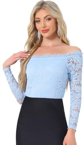 Allegra K Dam off shoulder spetsblus långärmad axellös topp blommor transparent elegant topp traditionell blus, Ljusblå, M
