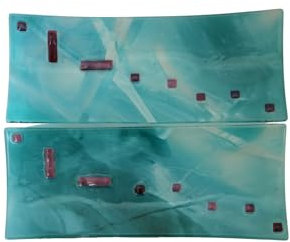 Generico Set di 2 piatti decorativi da sushi in vetro artistico e Vetro di Murano, colore turchese con inserti rosa, bacchette incluse