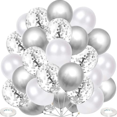 60 Stück Luftballons Silber Weiß, Helium Weiß Ballons Matellic Silber Balloons Konfetti Luftballon für Hochzeit Kinder Geburtstag Taufe Party Dekoration