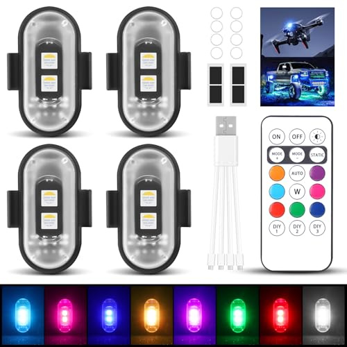 DAJASD 4 Stück Kabellose Led Lichter, 8 Farben Strobe Drone Light, Fernbedienung Blitzlicht mit Fernbedienung, USB-Aufladung Antikollisionslichter, LED Flugzeug Blitzlicht für Drohne Motorra