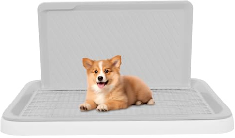 Dog Toilet Tray, Pet Dog Puppy Potty Tray, Indoor/Outdoor Dogs Toilet with Splash Guard, Training Pee Pad Holder for Small Dogs, Emergency Pet Potty for Home, White+Grey