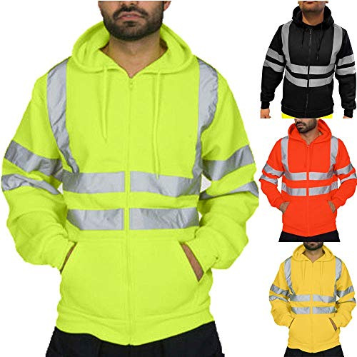VPQILH Giacca da Uomo con Strisce Riflettenti Vendita, Felpa Uomo con Cappuccio ad Alta visibilità, Sweatshirt da Lavoro di Sicurezza Cappotto con Tasche e Coulisse, Maniche Lunghe Maglia di Tuta