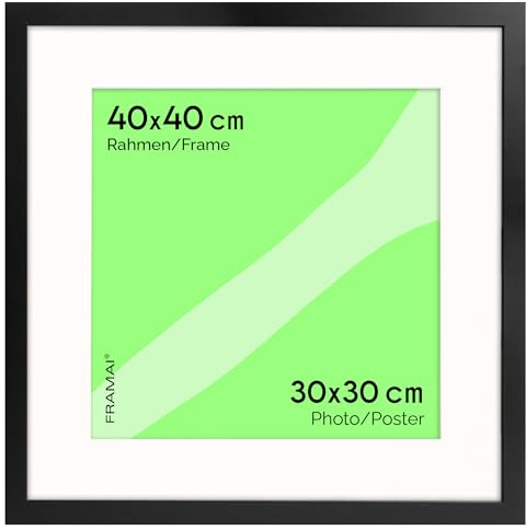 FRAMAI® Bilderrahmen 40x40 cm in Schwarz– mit Passepartout – MDF Holzrahmen, bruchsicheres Plexi, umweltfreundlich, mit Aufhängung & Ständer – Hochformat & Querformat
