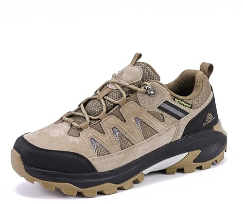Queday Brown Mens Waterproof Hiking Shoes Non Slip Leather Outdoor Backpacking Shoes All Terrain Lug Sole Camping Climbing Mountaineering Trekking Trails Size 41