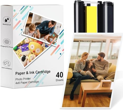 Carta Foto 4x6 per Amber M100/M200 (DHP512/DHP513) | 40 Fogli + 1 Cartucce | Kit Ricarica Stampa a Sublimazione Termica | Resistente all'Acqua & Ossidazione | Pronto per Cornici/Scrapbook/Display