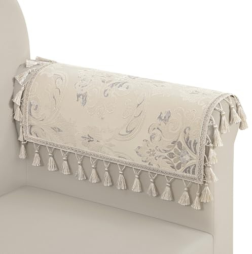 TOPLUXE Sofa-Armlehnenbezüge 2er, Anti-Rutsch Armlehnenschoner mit Quasten, Damast-Möbelschutz für Sessel Couch Relaxsessel 50x60cm (Beige)