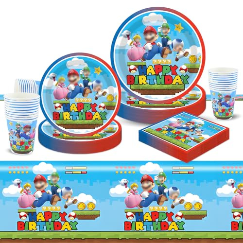 51PCS Super Bro Birthday Decorations, Cartoon Tableware Set Party Supplies Paper Plates Cups Napkins and Tablecloth, Party Decorations for Kids Boys Girls, 10 Guests