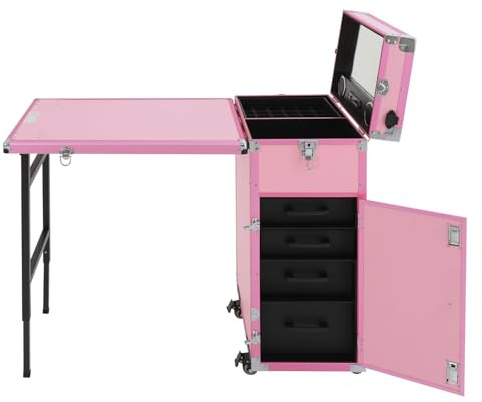 jiongcln Kosmetikkoffer Trolley, Make up Koffer Schminkkoffer, Nageltisch Schminktisch, Faltbar Mobile Rolling Maniküre Tisch, Make-Up Rollkoffer Organizer für Reisen, Spa, Schönheitssalon, Rosa