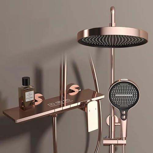 Colonne de Douche avec Mitigeur Monocommande, Hauteur Réglable Ensemble de Douche avec 4 Jets Douchette Système de Douche 32.5cm Pommeau de Douche, Bec Cascade(Rose Gold)
