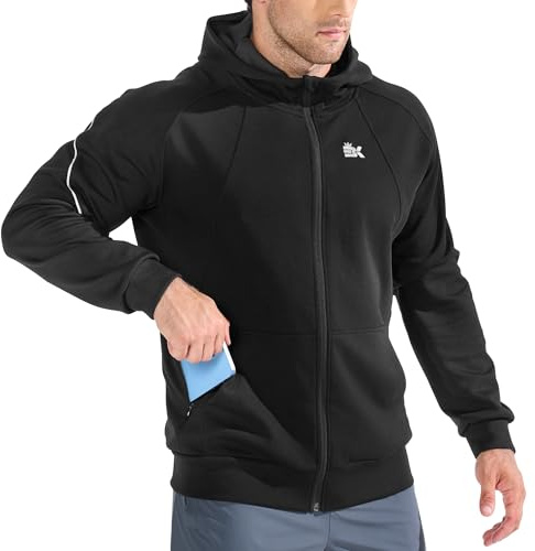 BROKIG Mens Zip Up Gym Jacket Running Hoodies Tracksuit Top Casual Coat | Sports Coat with Pockets, Full Zip Track Jackets, Sweatshirt with Hood, Hooded, Windproof, Reflective Stripe