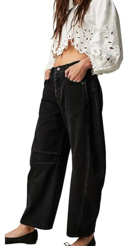 FUNSEED Jeans holgados para mujer, de tiro bajo, de pierna recta, con levantamiento de glúteos, vintage, cómodos y elásticos, Negro -, X-Large