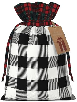 Weihnachtsbeutel mit Kordelzug, weiß-schwarz kariert, Aufbewahrungsbeutel für Weihnachtspapier mit Etiketten, mittelgroß