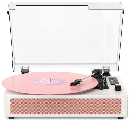 VINYLS LINK Vinylskivspelare med högtalare, Bluetooth-skivspelare med EQ-läge och LED-skärm, rosa vintage skivspelare, 3-växlad skivspelare för vinylskivor, USB-inspelning, AUX-ingång, RCA-utgång