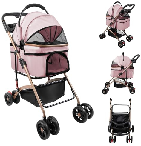 Homewell Husdjur buggy hundvagn vikbar med mugghållare, förvaringsfack och nätfönster, vikbar, joggingvagn, buggy för husdjur, kattvagn för små hundar, katter, upp till 20 kg (rosa)