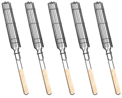 BEAZOOM Lot de 5 paniers de barbecue avec poignées en bois, cage en acier pour saucisses, viande, légumes et hot-dogs, noir