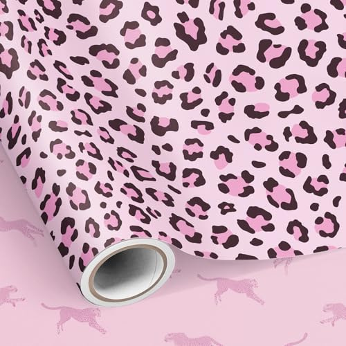Neloheac rosa leopardmönster presentpapper, vändbar gepard design presentpappersrulle 43 cm x 10 m för kvinnor födelsedag, bröllop, alla hjärtans dag, brudfest