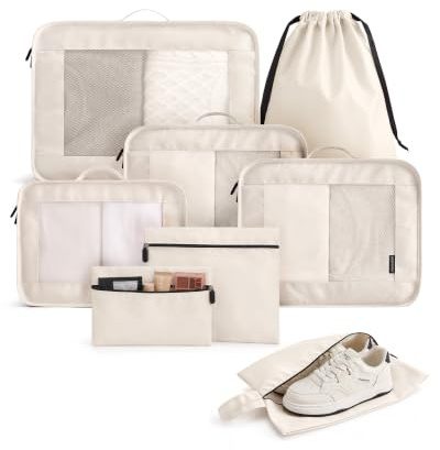 LIGHT FLIGHT 8pcs Packing Cubes, Travel Suitcases Organiser, Beige | for Backpacks, Luggage and Travel Bags, for Holidays and Home Storage, Lightweight and Water-resistant