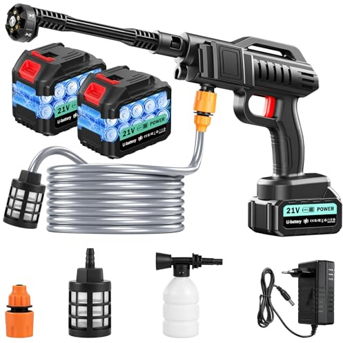Idropulitrice a Batteria 100Bar, Idropulitrice Portatile senza Fili con 2 Batterie 21V e 6-in-1 Ugello, Lancia Alta Pressione per Auto, Giardino, Pulizia Pavimenti Esterni - 5m Tubo, 10m Gittata