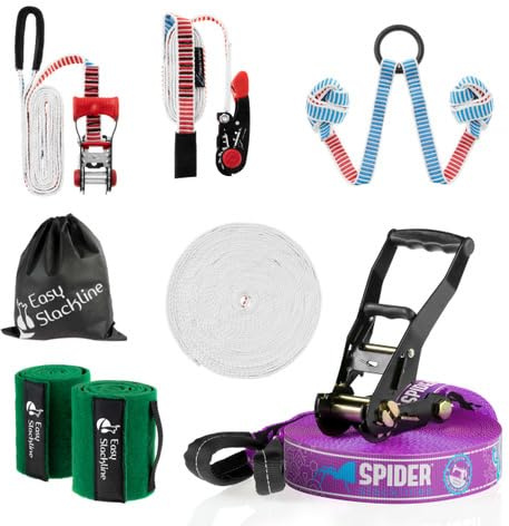SPIDER SLACKLINE Monkey line Kit 15m - slackline 15m più fettuccia guida dall'alto con anello per bambini