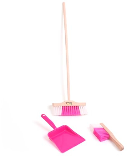Kinderbesen Set aus Holz | Handfeger und Schaufel | Farbenfrohes Reinigungs-Set für Kinder | Pink