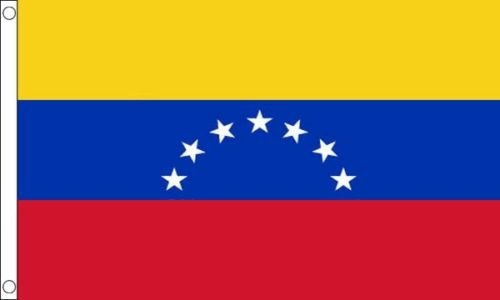 Flagmania® Venezuela 7 estrellas viejo, 150 cm x 90 cm, 100 % poliéster, insignia de botón de 59 mm