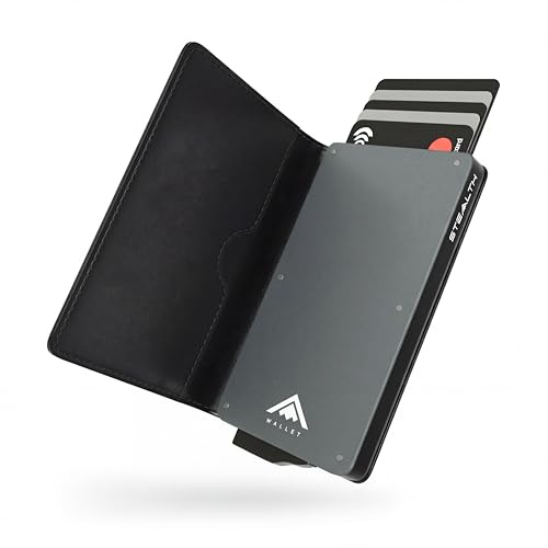 Stealth Wallet Tarjetero Hombre con Protección RFID - Cartera Tarjetero con Pop Up y Caja de Regalo - Porta Tarjetas de Crédito de Metal Delgado y Ligero (Aluminio Gris, Cuero Negro)