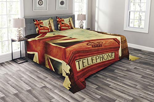 ABAKUHAUS Reise Tagesdecke Set, Big Ben England London, Set mit Kissenbezügen Waschbar, für Doppelbetten 220 x 220 cm, Rot Beige
