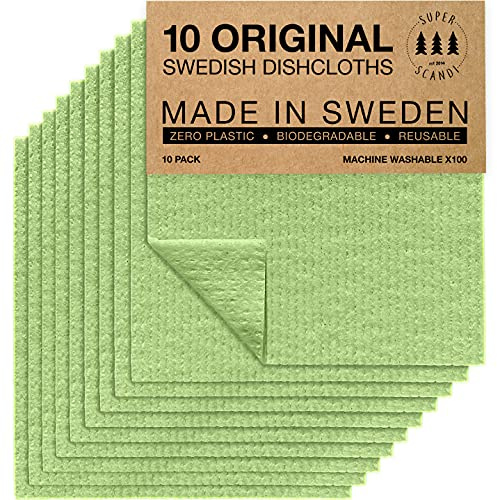 SUPERSCANDI 10 Pack Reusable Cleaning Cloths - 100% Biodegradable & Compostable | Washable Swedish Dishcloth - Food-Safe & Plastic-Free Kitchen Cloth Suitable for Any Surface, Green