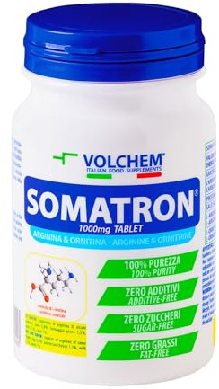 Volchem Somatron Tablet, Integratore Alimentare con L-Arginina e L-Ornitina, 100% Purezza, Senza Grassi, Additivi e Zuccheri, Barattolo da 120 Compresse, 168 g