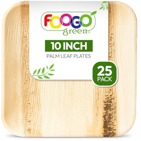 FOOGO Green 25pcs Disposable Palm Leaf Plates, 10(25cm) Large Square, Eco Friendly Biodegradable Compostable Like Wooden, Bamboo, Paper Plates for Hot Food, Picnic Wedding Parties