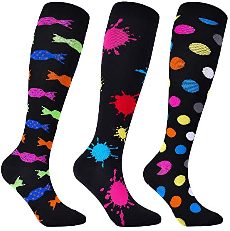Miavogo 3 Paar Kompressionsstrümpfe für Damen, Kompressionssocken mit 20 - 30 mmHg Bunt Thrombosestrümpfe compression socks für Sport Laufen Reisen Flug（L/XL）